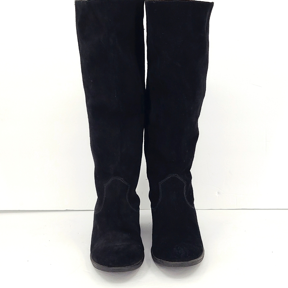 Ana 7.5 black leather short heeled tall pull on boots
